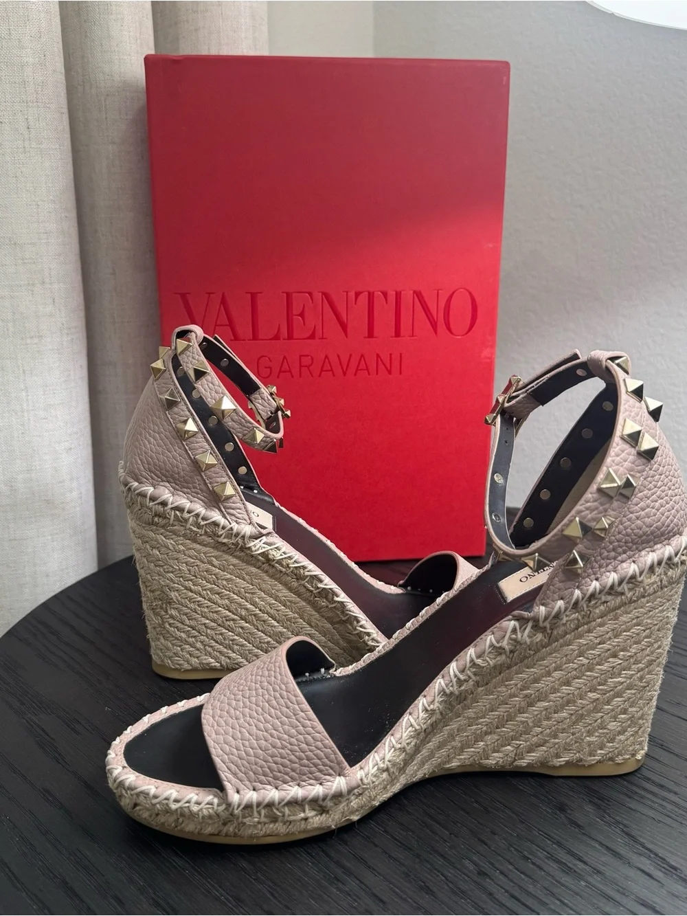 Valentino Garavani Rockstud Espadrille Wedge Sandals Nude 39